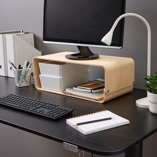 Soporte de monitor de madera en color natural: eleva la pantalla y sostiene artículos, ergonómicos y lacados.
