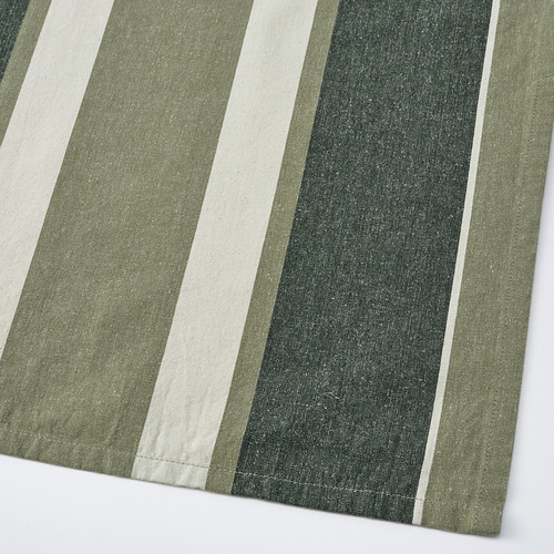 Paño de cocina de rayas con motivos verdes y blancos, confeccionado en algodón absorbente y yute.
