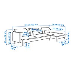 Ilustración de medidas - SÖDERHAMN sofá cama de 4 plazas con chaiselongue y extremo abierto