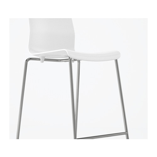 Moderno taburete de bar blanco con elegantes patas cromadas, diseñado para brindar comodidad y apilabilidad.