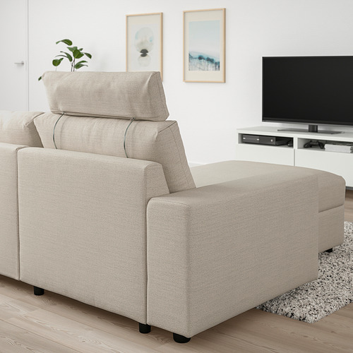 Sección de sofá VIMLE beige con reposacabezas, tela gunnared, diseño moderno en salón.