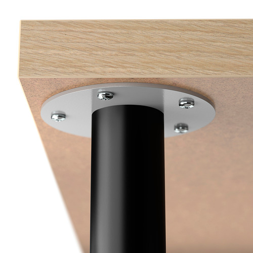 Primer plano de la pata de la mesa moderna y la unión de la base de metal, mostrando un diseño robusto y elegante.