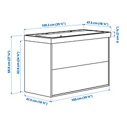 Ilustración de medidas - ÄNGSJÖN/BACKSJÖN Mueble de baño con lavabo y cajones