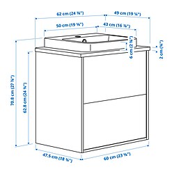 Ilustración de medidas - ÄNGSJÖN/BACKSJÖN Mueble de baño con lavabo y cajones
