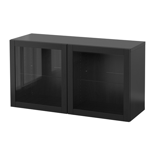 Mueble BESTÅ negro con puertas de cristal, diseño moderno, forma rectangular.