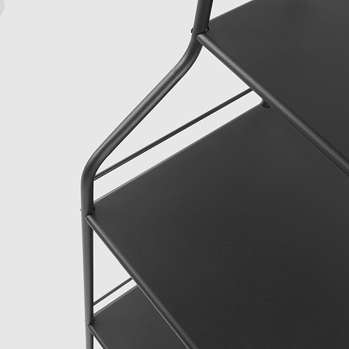 Estantería de metal negro, diseño elegante, marco robusto, superficie lisa.