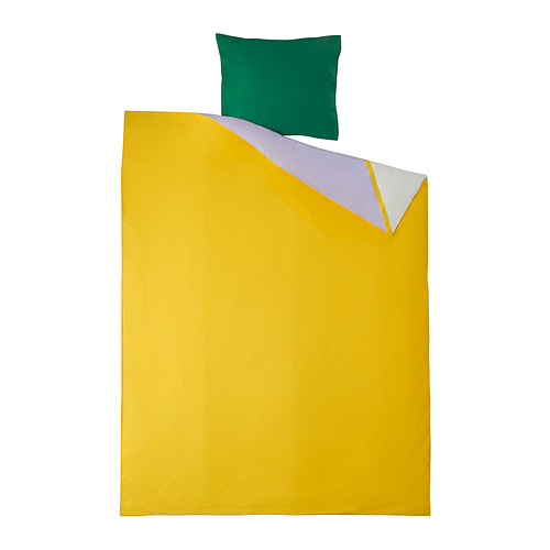 Sábana amarilla con almohada verde, rectangular, diseño sencillo, 100% algodón.