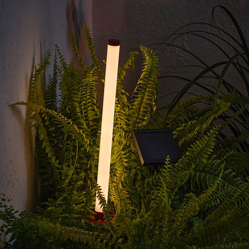 Un jardín de helechos montado en la pared iluminado por una luz vertical, alimentado por un panel solar.