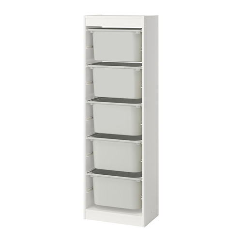 Mueble de almacenaje TROFAST blanco con cinco cubos de plástico de color blanco, de forma rectangular, para organizar los artículos.
