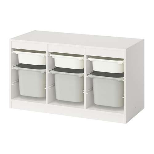 White TROFAST storage unit with 6 removable bins for kids toys.