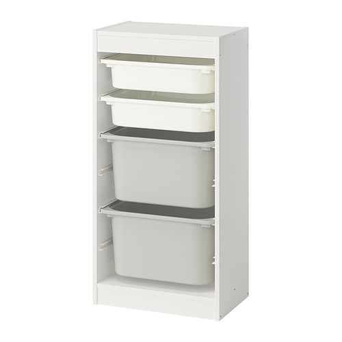 Mueble de almacenaje infantil TROFAST blanco, con múltiples compartimentos ajustables.