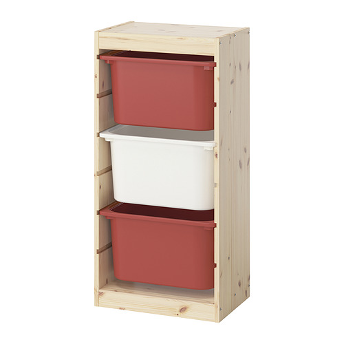 Ikea TROFAST: light wood frame, red & white bins, adjustable storage, kids toy organizer.