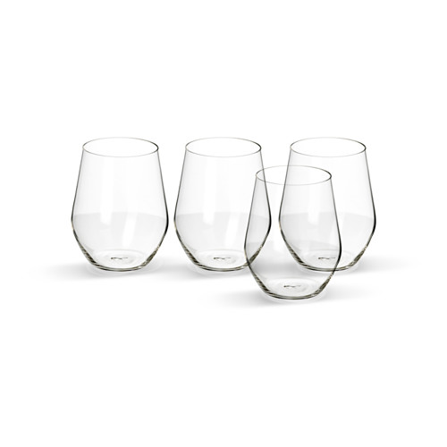 Cuatro vasos IVRIG transparentes, hechos de vidrio, con grandes cuencos redondos y sin pie, dispuestos en línea.