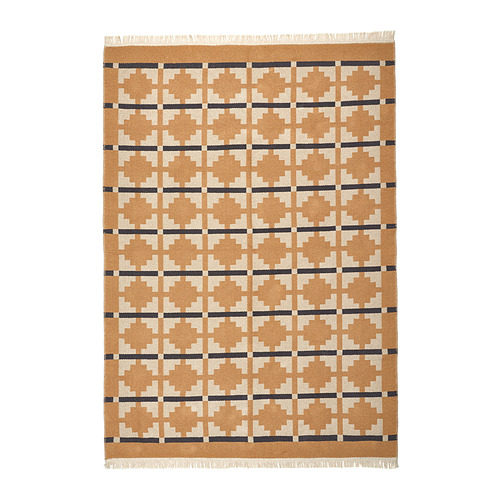 Alfombra marrón, beige, azul oscuro TELEGRAFLINJE. Geométrico, de trama plana, ideal para espacios habitables y comedores.