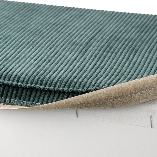 Reposapiés KIVIK con almacenaje: verde, tapa texturizada, tapa plegable que revela el interior beige. Perfecto para descansar los pies o esconder objetos.