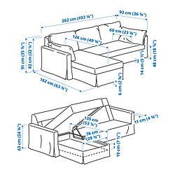 Ilustración de medidas - HYLTARP sofá 3 plazas con chaiselongue, izquierda