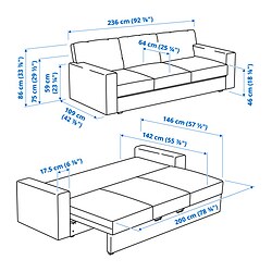 Ilustración de medidas - BÅRSLÖV sofá cama 3 plazas