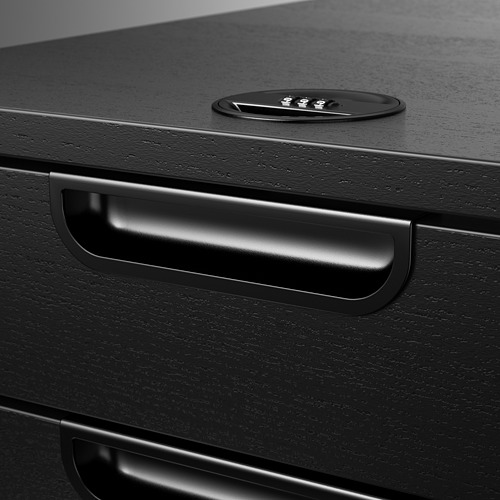 Cajón de oficina negro con tirador moderno y elegante y cerradura de combinación, lo que refleja un diseño de alta calidad y seguridad.