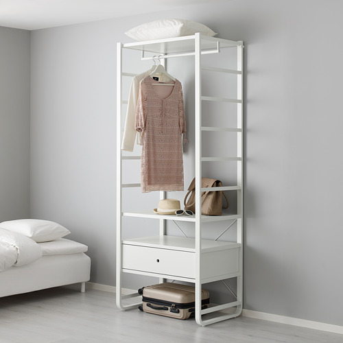 Armario ELVARLI blanco con estantes y cajones. Cuelga el vestido y los accesorios, cabe debajo de la cama.