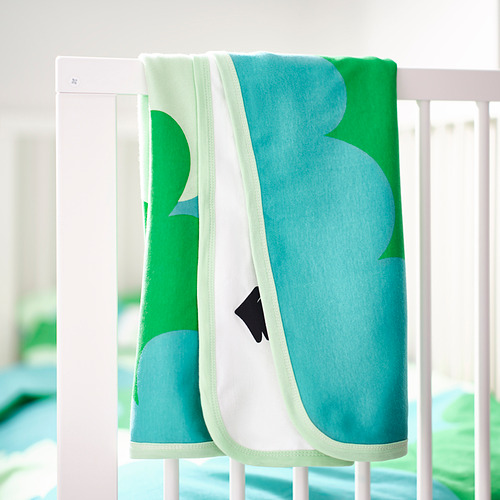 Manta de bebé GRÖNFINK. Verde y azul, 100% algodón, patrón de árbol. Perfecto para comodidad, viajes, cochecitos o cunas.