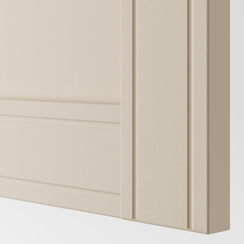Puerta de armario beige con ranuras sutiles, con acabado mate de calidad y bordes lisos.