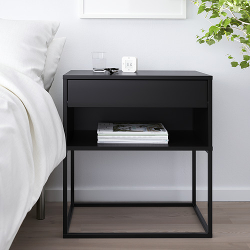 Mesita de noche VIKHAMMER negra con cajón, estante y cajón de cierre suave, al lado de la cama, con capacidad para libros y reloj despertador.