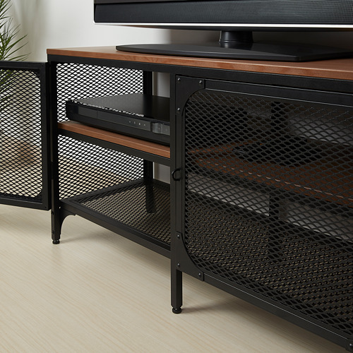 FJÄLLBO: mueble de tv industrial, madera y metal, pies ajustables, estilo steampunk.