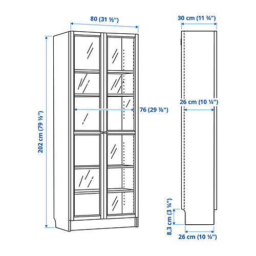 Measurement Illustration - BILLY/OXBERG bookcase with glass doors