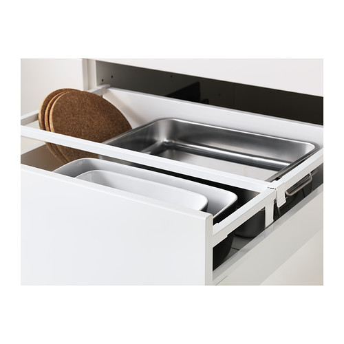 Cajón de cocina blanco, organizador con bandeja metálica, 3 cubos de plástico, un salvamanteles de corcho.