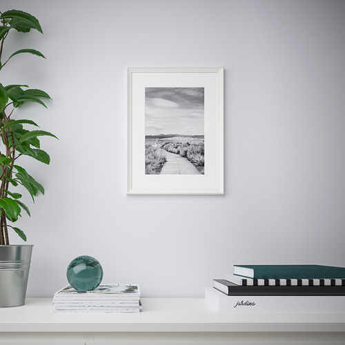 Foto costera enmarcada en blanco y negro con borde delgado en la pared. Estantería decorada con libros, esfera azul y planta.