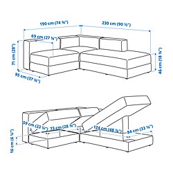 Ilustración de medidas - JÄTTEBO sofá modular esquinero de 2.5 plazas