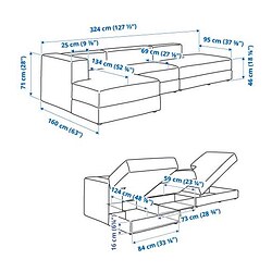 Measurement Illustration - JÄTTEBO 3.5-seat modular sofa with chaiselongue