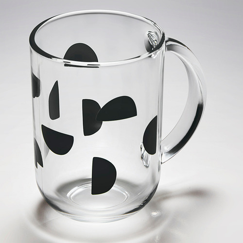 Taza de vidrio transparente con patrones abstractos negros, mango grueso, alta calidad, templado para mayor durabilidad.