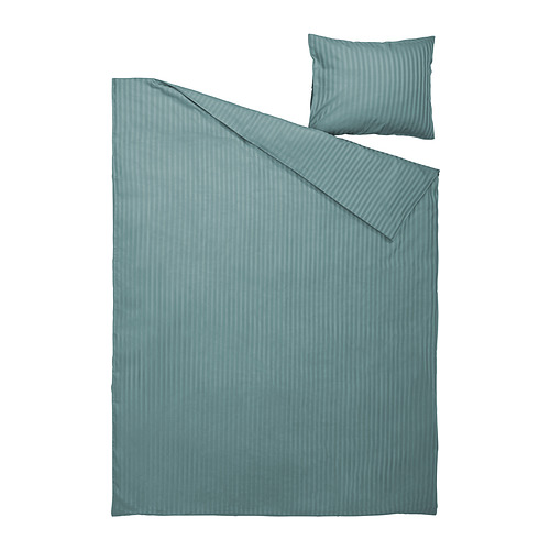 Conjunto nórdico NATTJASMIN, verde azulado, rayas de algodón/lyocell, cama individual, elegante.