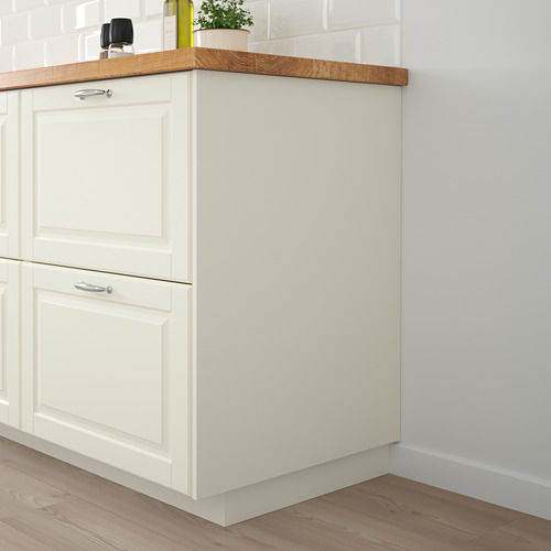 Mueble de cocina FÖRBÄTTRA blanco, pequeño, con encimera de madera, diseño elegante, colocado contra la pared.