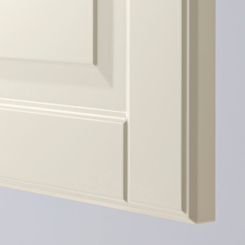 Mueble de cocina limpio y blanquecino con bordes biselados; Muestra un acabado suave e impecable y una construcción sólida.