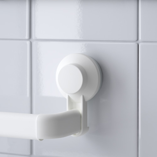 Toallero con ventosa blanca en pared alicatada; Resistente, sin agujeros.