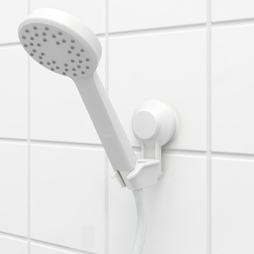 Cabezal de ducha blanco con soporte, inclinado hacia abajo, ventosa montada en la pared alicatada, fácil de colocar y quitar.