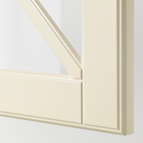 Primer plano de la puerta del armario BODBYN en blanco roto con acabado liso y lacado y borde de panel biselado.