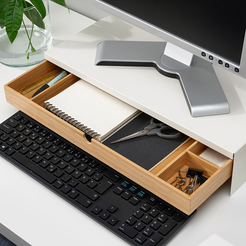 Organizador de escritorio: soporte para monitor, cajón para teclado y compartimentos de almacenamiento para suministros de oficina.