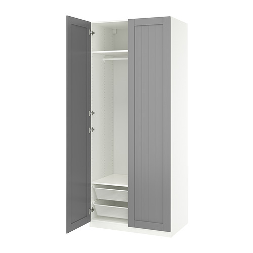 White and gray PAX wardrobe, open door, mesh basket, adjustable.