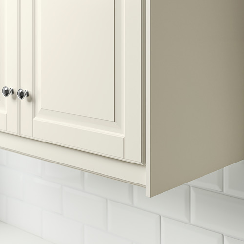 Mueble de cocina blanco con pomos cromados y salpicadero de azulejos, utilizado para cubrir la iluminación y los cables.