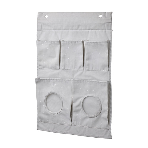Organizador colgante de tela gris con bolsillos y ventanas de malla