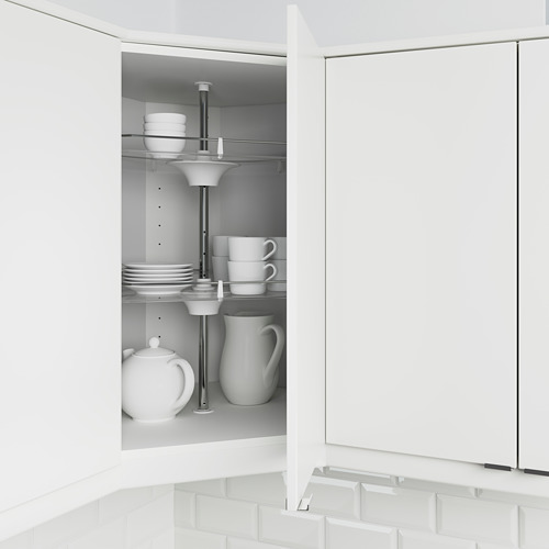 Mueble blanco de alto brillo con estantes ajustables, que sostiene platos y tazas blancas. Fácil de limpiar, almacenamiento de cocina moderno.