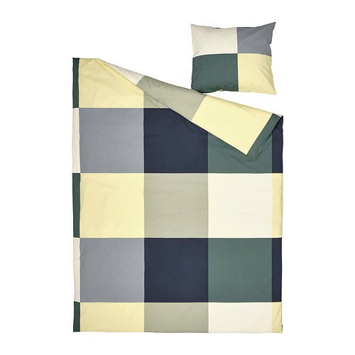 Juego de cama BRUNKRISSLA a cuadros en amarillo, verde, gris, azul; Suave algodón-viscosa.