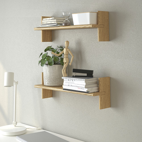 Estanterías de madera montadas en la pared con libros, plantas y artículos decorativos.