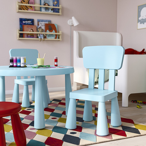 Área de juegos para niños con mesa, silla y taburete rojo MAMMUT azul sobre alfombra colorida. Plástico ligero con protección UV.
