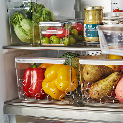 Limpie los contenedores del refrigerador para almacenar verduras, frutas y condimentos. Los orificios de ventilación mantienen los alimentos frescos.