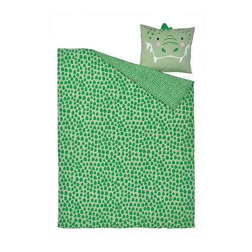 Juego de ropa de cama infantil verde con estampado de cocodrilo y almohada a juego.
