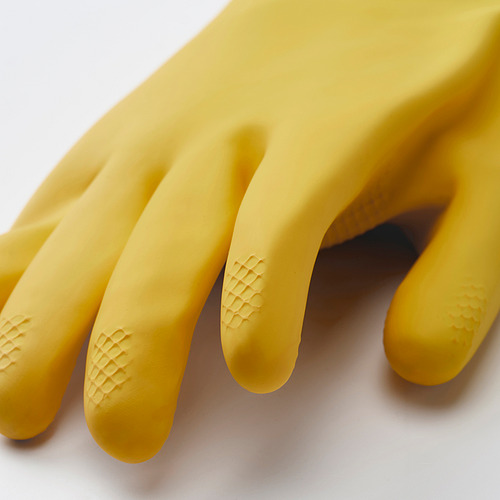 Un par de guantes amarillos flexibles con puntas de los dedos texturizadas para un mejor agarre.